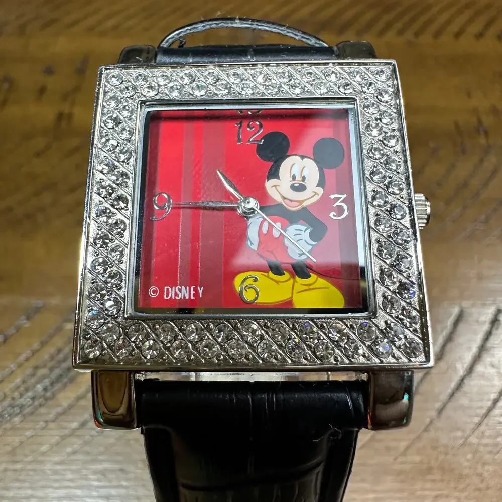 Vintage Disney Mickey Mouse Watch Reptile Print Band Swarovski Type Crystals